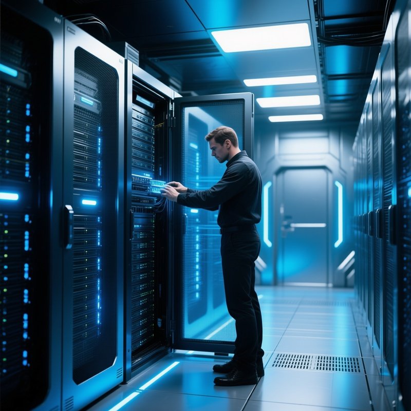 Man Adjusting Cooling Fans In Server Unit Science Fiction