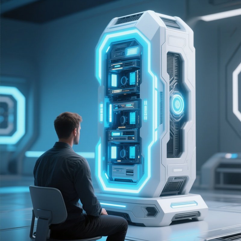 Man Sitting Front Of Futuristic Pc Tower