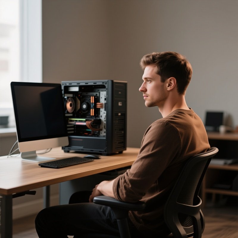 Man Sitting Front Of Pc Tower