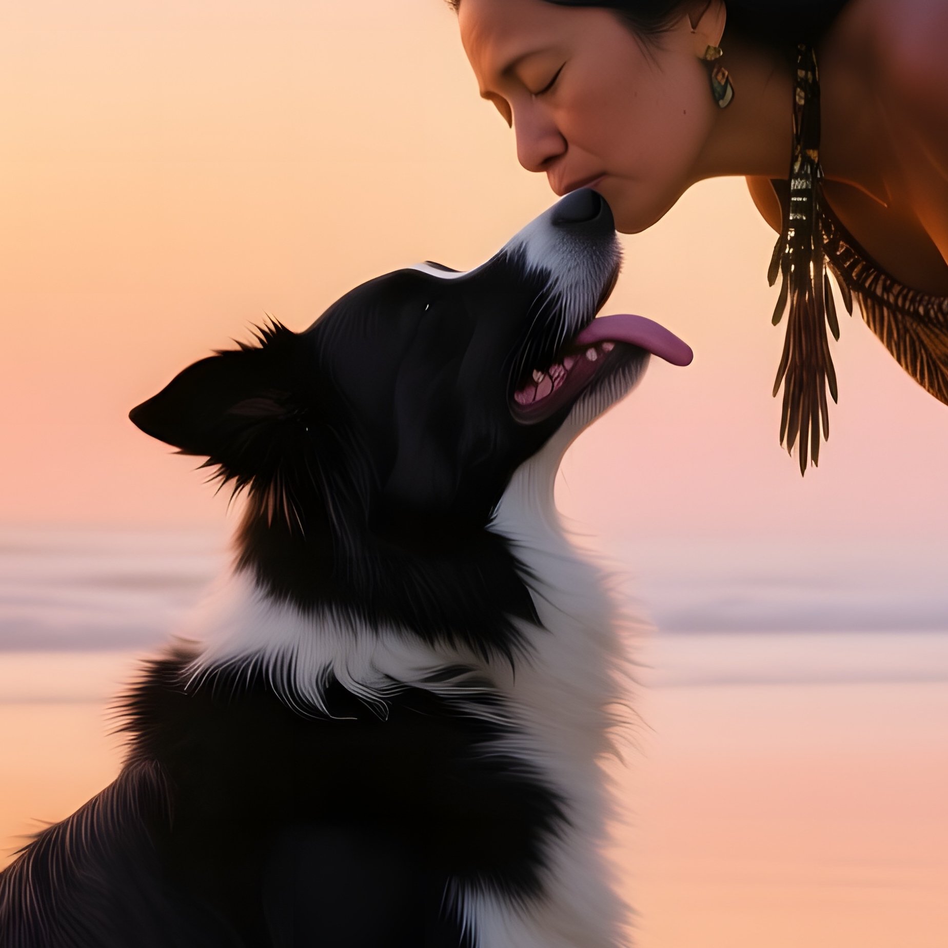 Maori Woman Kissing Dog At Dawn - Full Resolution Quality Preview
