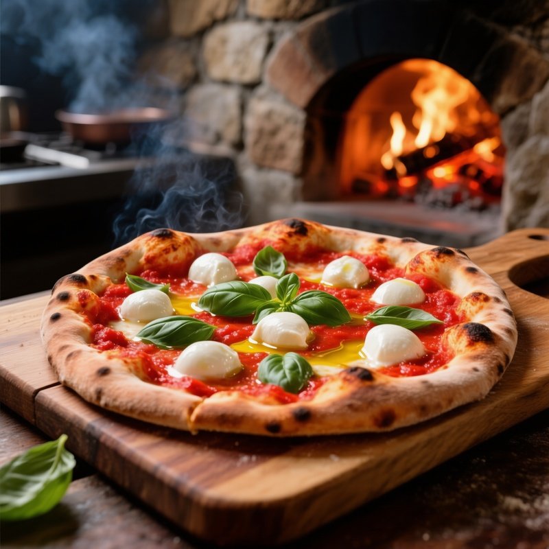 Margherita Pizza Wood Fired Dough San Marzano Tomato Sauce Fresh Mozzarella Basil Leaves Extra Virgin Olive Oil