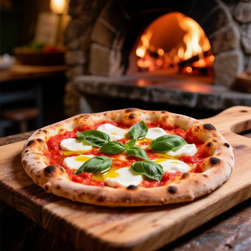 Margherita Pizza Wood Fired Dough San Marzano Tomato Sauce Fresh Mozzarella Basil Leaves Extra Virgin Olive Oil