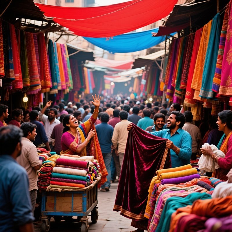 Market Square Dense Crowds Between Stalls Cloth Merchants Praising Their Fabrics