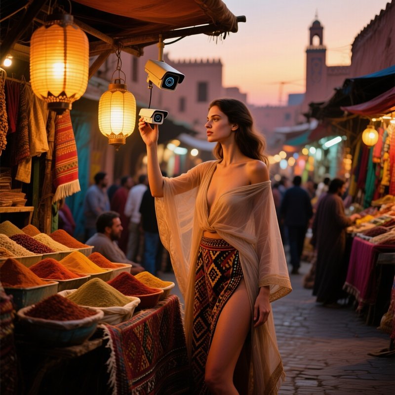 Marrakech Market Dusk Model Surveillance Lens