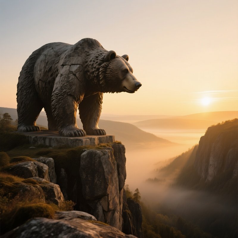 Massive Stone Bear Overlooking Misty Valley At Dawn
