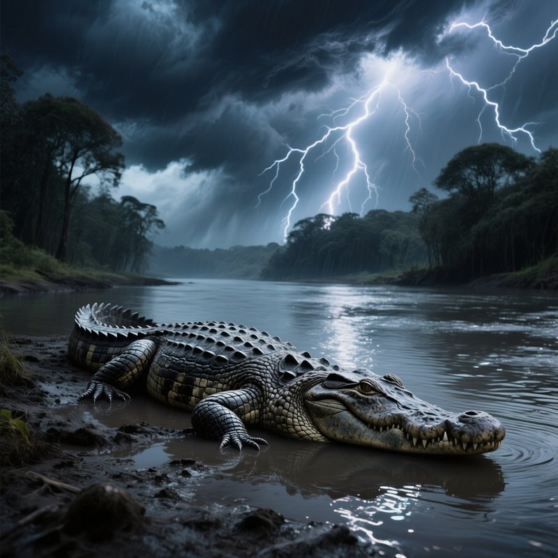 Massive Stone Crocodile Basking On Riverbank Under Stormy Sky