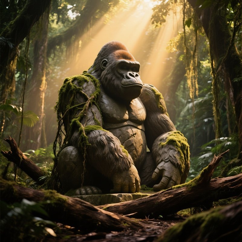 Massive Stone Gorilla In Ancient Jungle