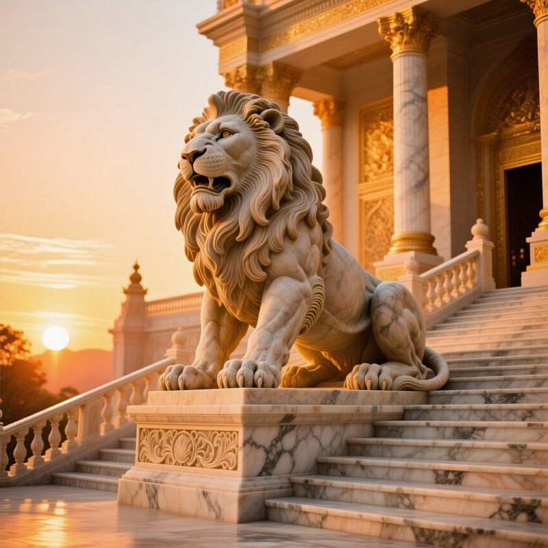 Massive Stone Lion Statue On Marble Staircase Under Golden Sunset