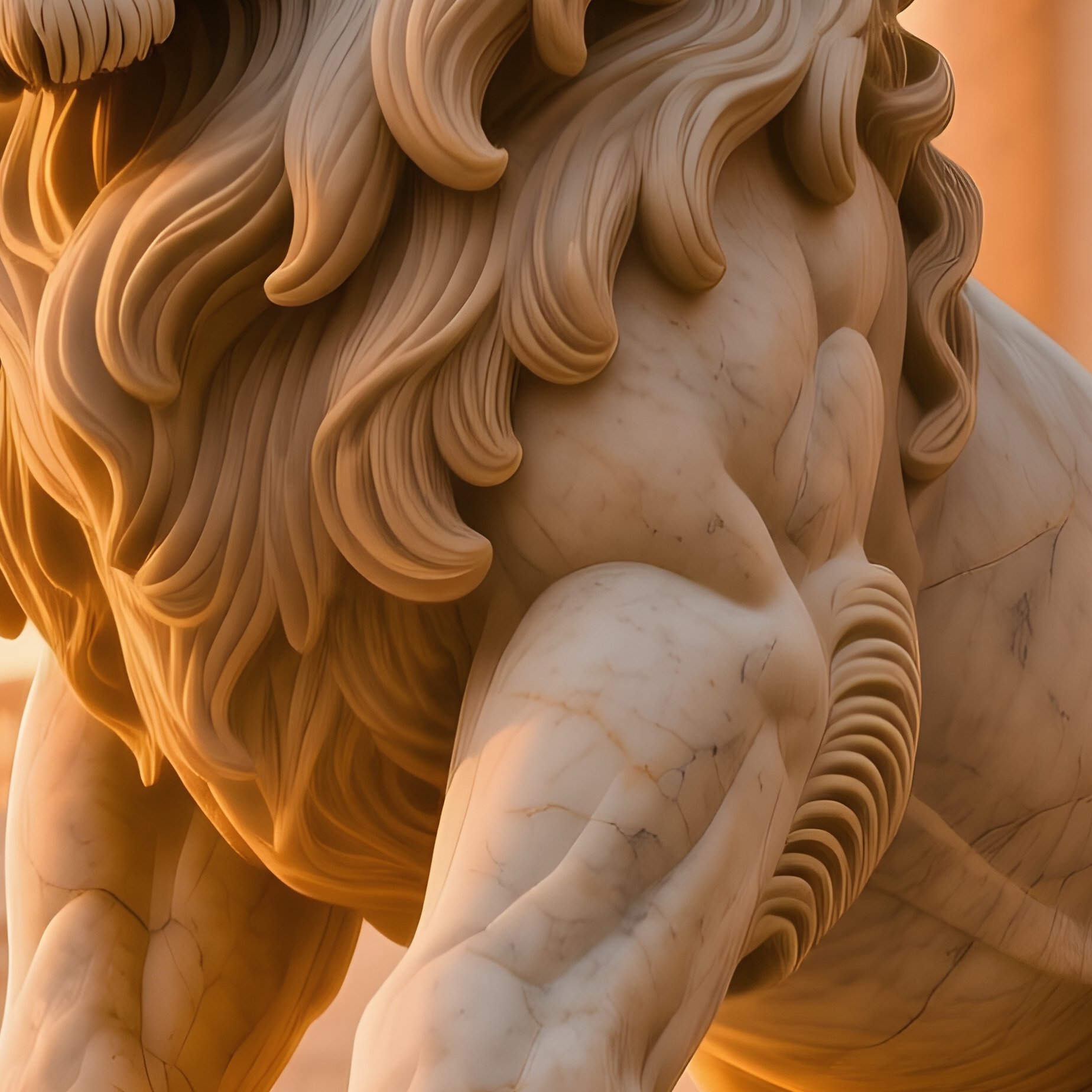 Massive Stone Lion Statue On Marble Staircase Under Golden Sunset - Full Resolution Quality Preview