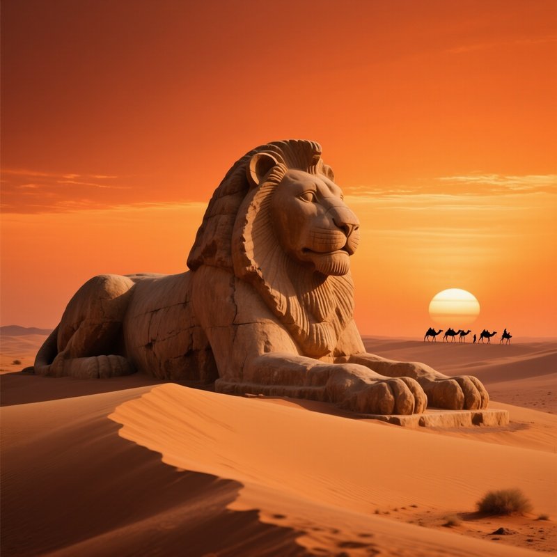 Massive Stone Lioness Desert Dune Sunset