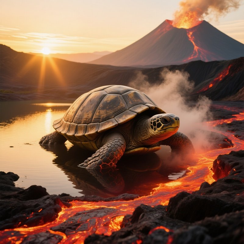 Massive Stone Turtle Emerging From Volcanic Crater Lake At Sunrise