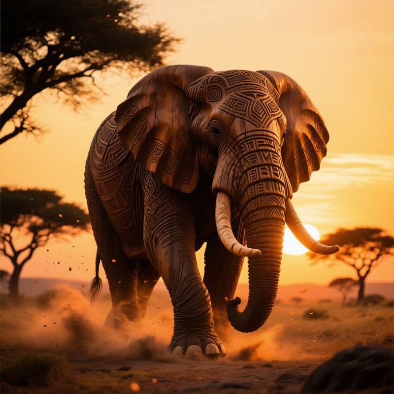 Massive Wooden Elephant Savanna Sunset