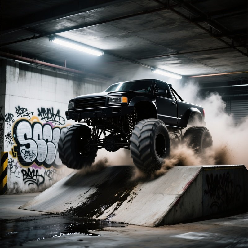 Matte Black Monster Truck Grinding Underground Garage