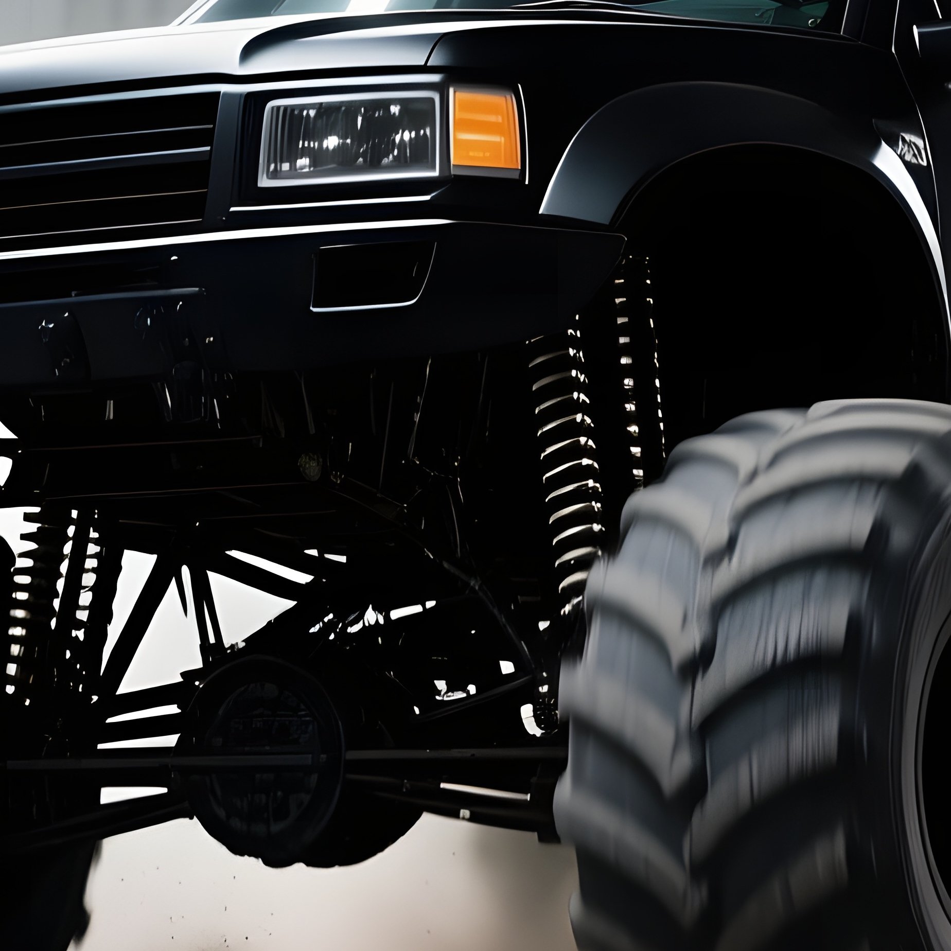 Matte Black Monster Truck Grinding Underground Garage - Full Resolution Quality Preview