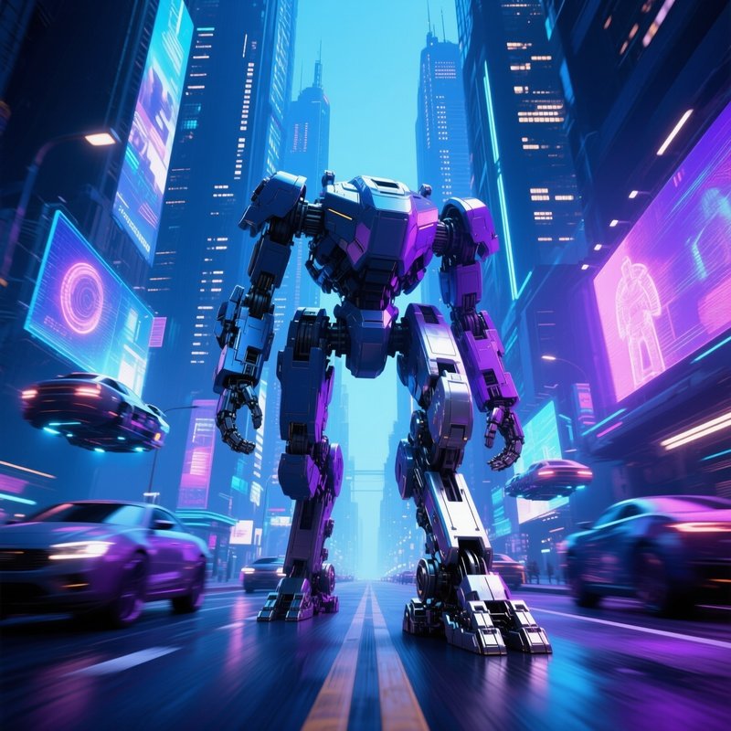 Mech Walker Stepping On Futuristic City Street