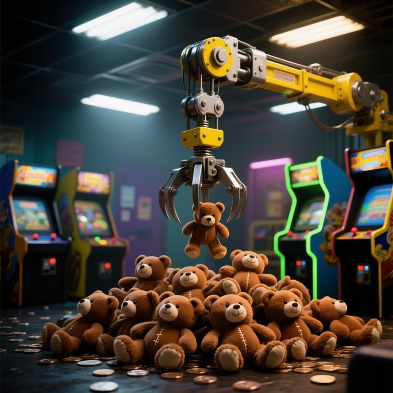 Mechanical Claw Machine Crane Descending Towards Pile Of Generic Bears