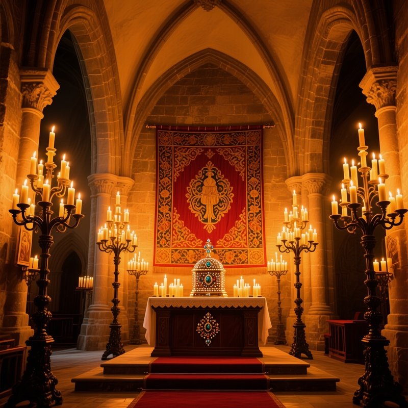 Medieval Castle Chapel Altar Candles Candelabras Tapestry Reliquary