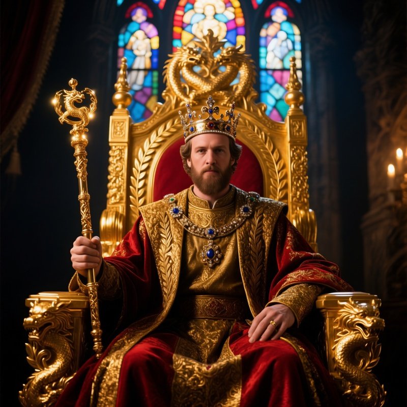 Medieval King On Golden Throne Holding Scepter