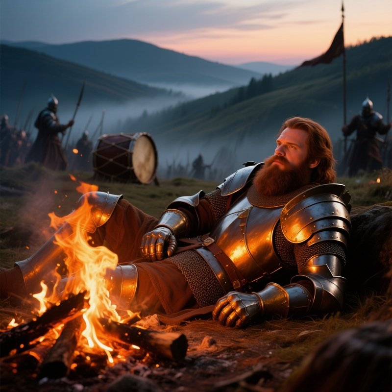 Medieval Knight By Campfire With War Drums