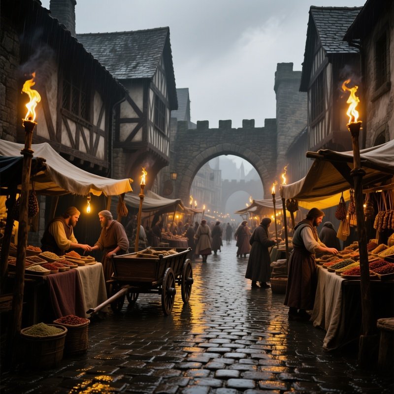 Medieval Market Street Under Overcast Sky