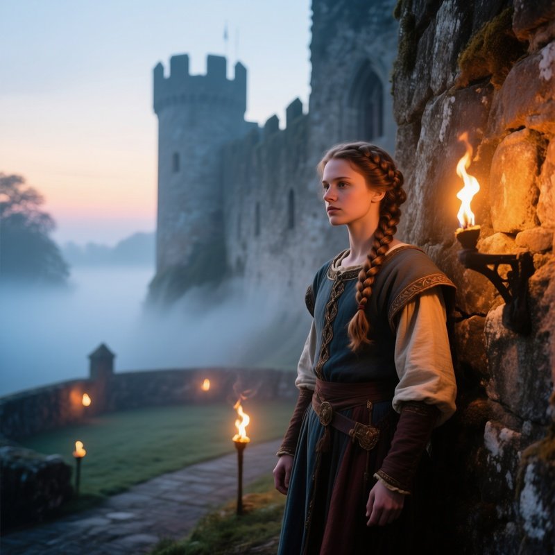 Medieval Reenactor By Stone Castle At Dawn
