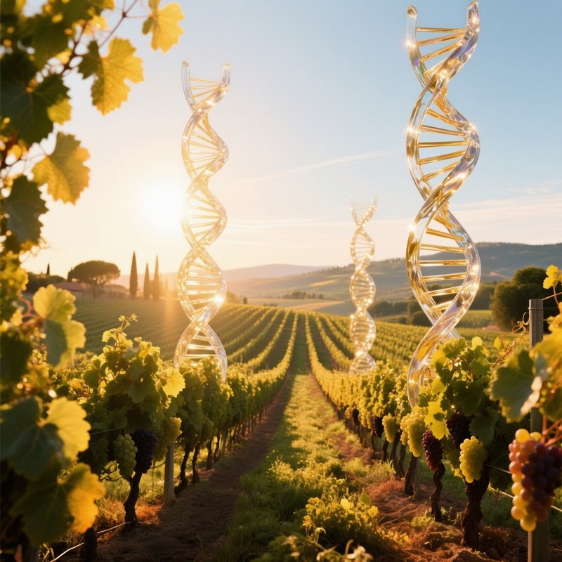 Mediterranean Vineyard With Dna Glass Sculptures At Harvest