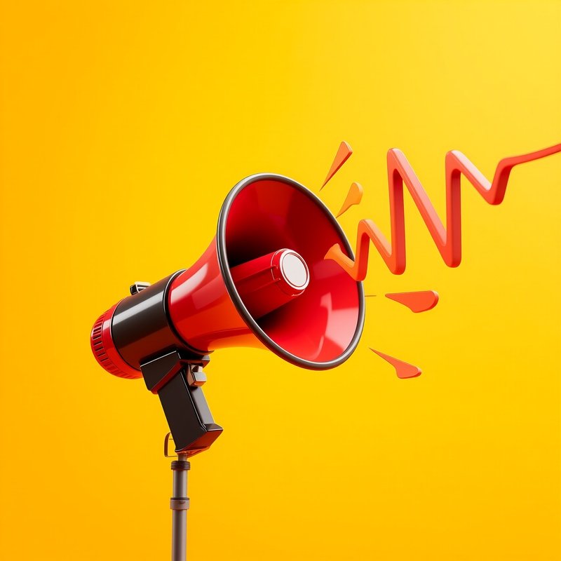 Megaphone: A Vintage Red Megaphone Against A Yellow Background, With Stylized Sound Waves Coming Out, Symbolizing Marketing And Announcements.