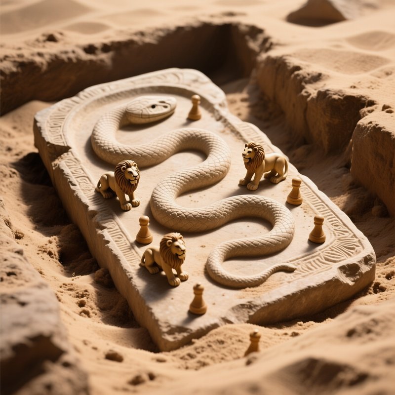 Mehen Stone Slab Coiled Snake Lion Figurines