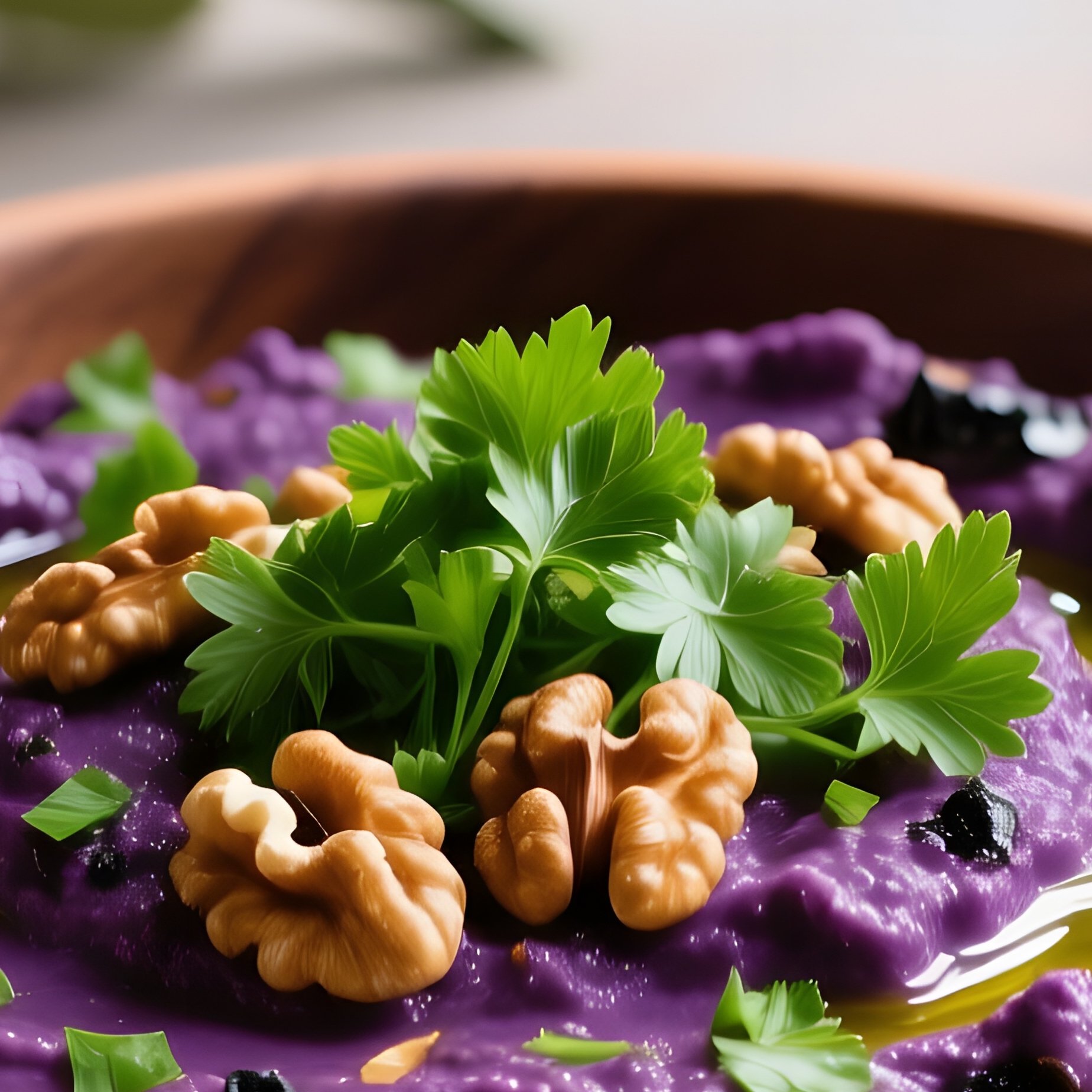 Melitzanosalata Smoky Eggplant Dip Garnished With Parsley And Walnuts - Full Resolution Quality Preview