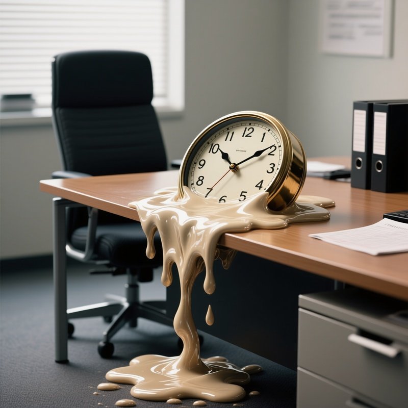 Melting Clock: A Surrealist Clock Melting Over The Edge Of An Office Desk, Inspired By Dali, Representing Time Slipping Away Or Deadline Pressure.