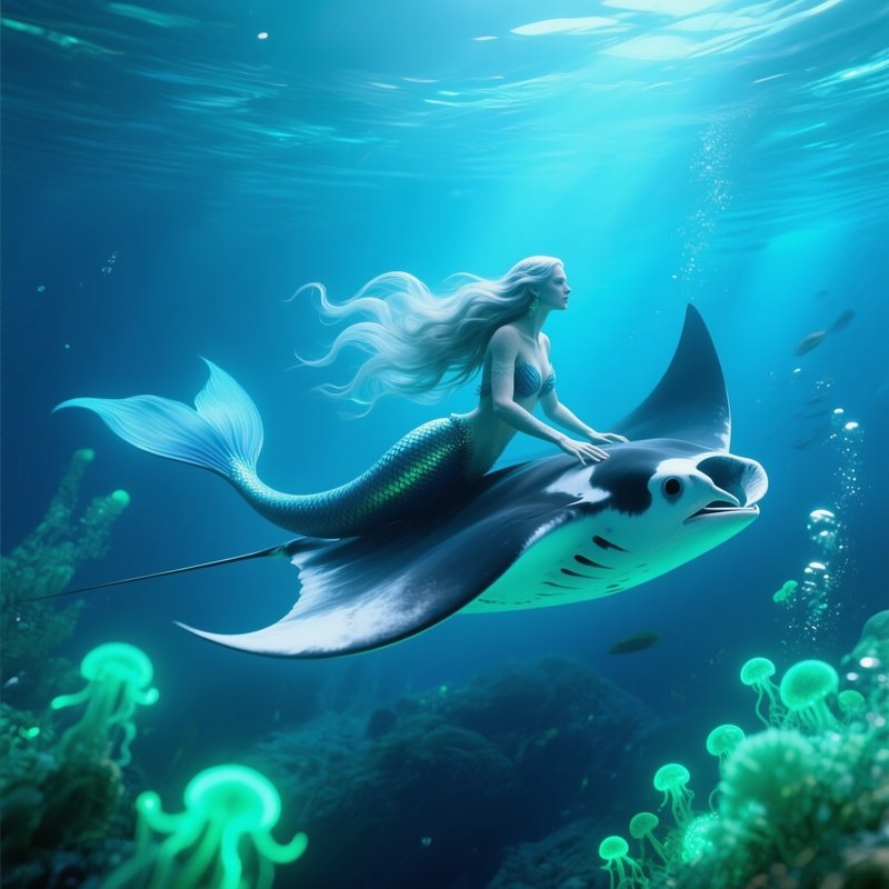 Mermaid On Manta Ray Glowing Underwater