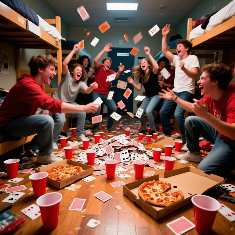 Messy College Dorm Floor With Students Playing Cards