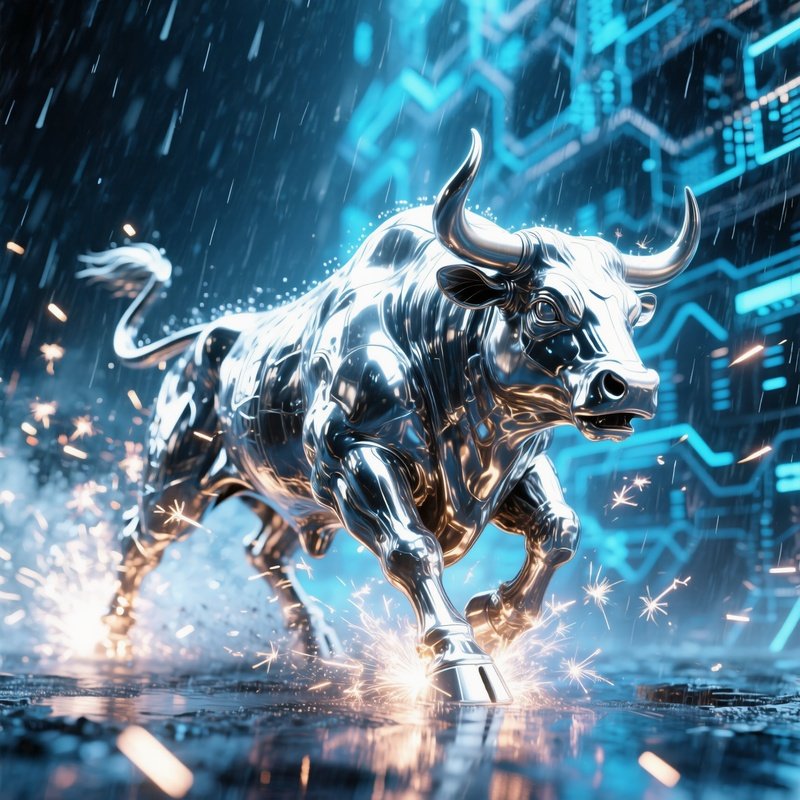 Metallic Bull Charging Under Sparks Digital Rain