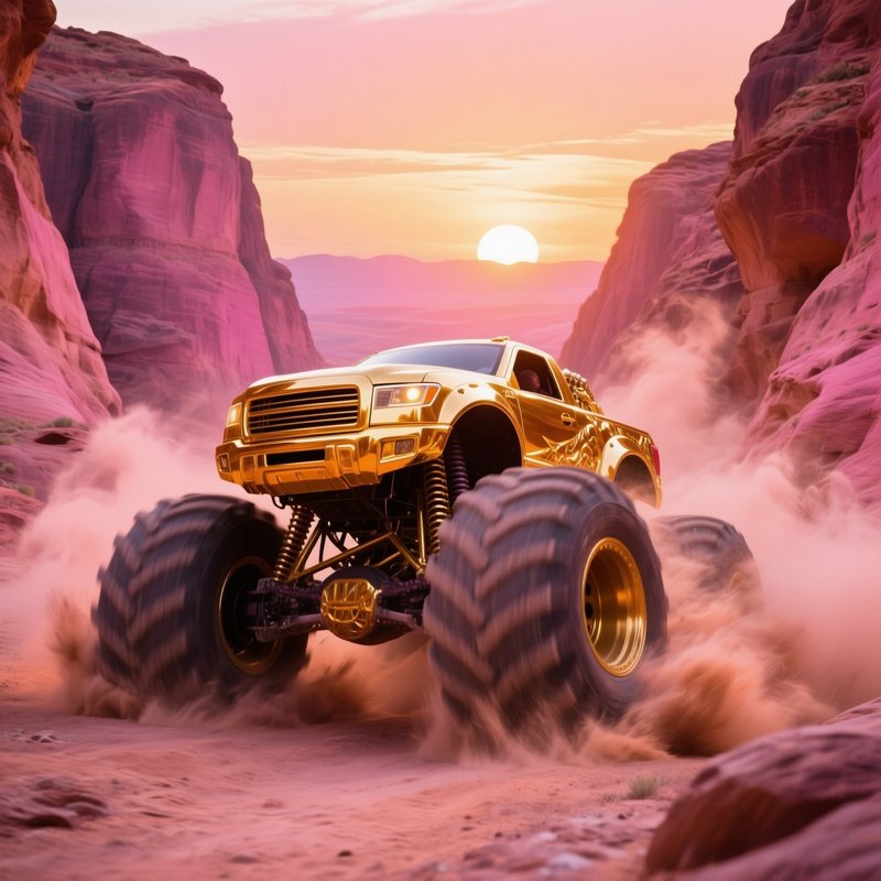 Metallic Gold Monster Truck Desert Canyon Twilight