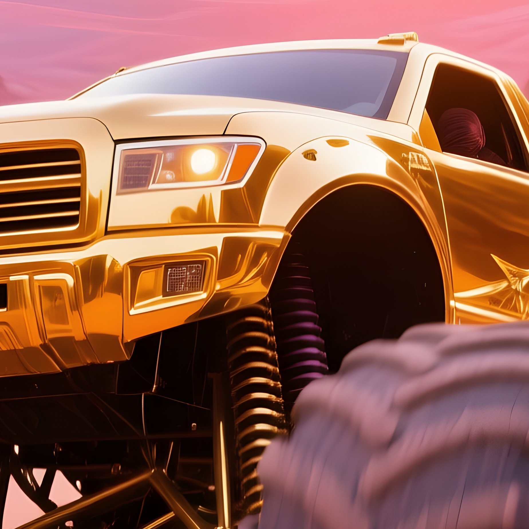Metallic Gold Monster Truck Desert Canyon Twilight - Full Resolution Quality Preview