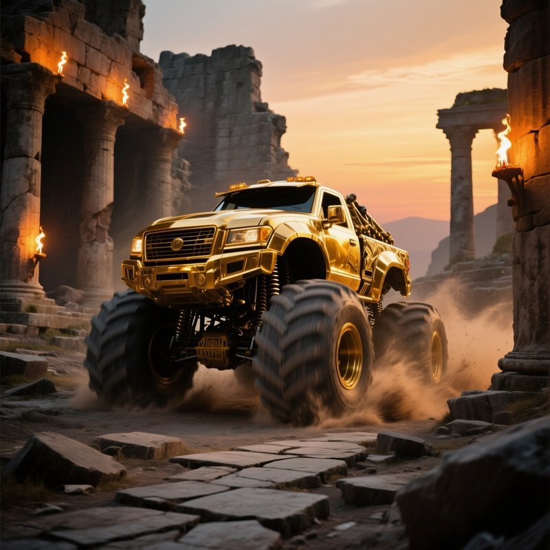 Metallic Gold Monster Truck Over Ancient Ruins At Dusk
