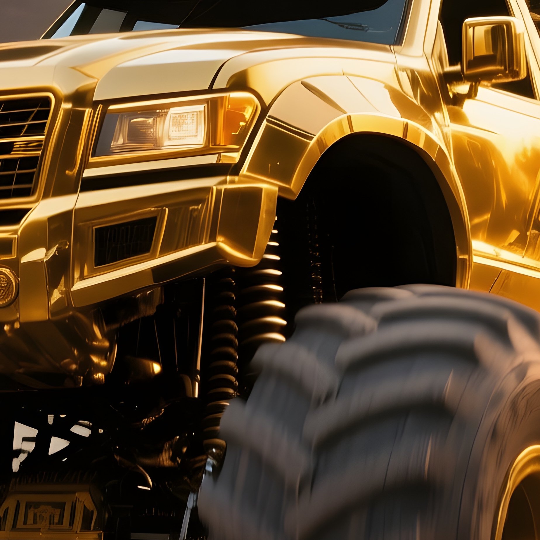 Metallic Gold Monster Truck Over Ancient Ruins At Dusk - Full Resolution Quality Preview