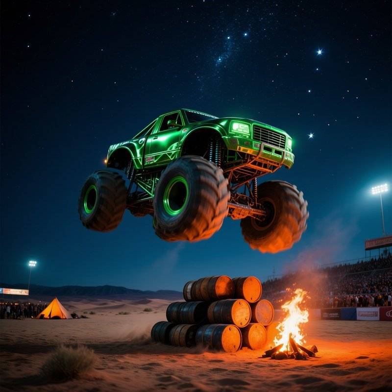 Metallic Green Monster Truck Leaping Over Barrels Desert Night