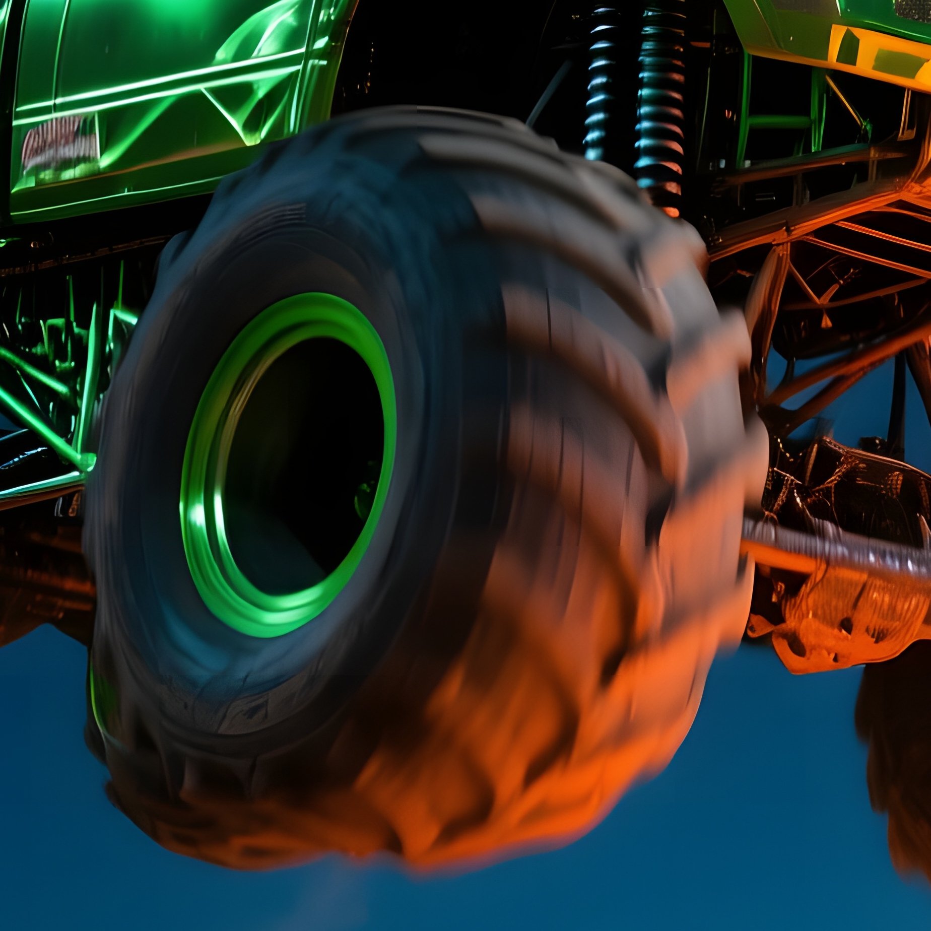 Metallic Green Monster Truck Leaping Over Barrels Desert Night - Full Resolution Quality Preview