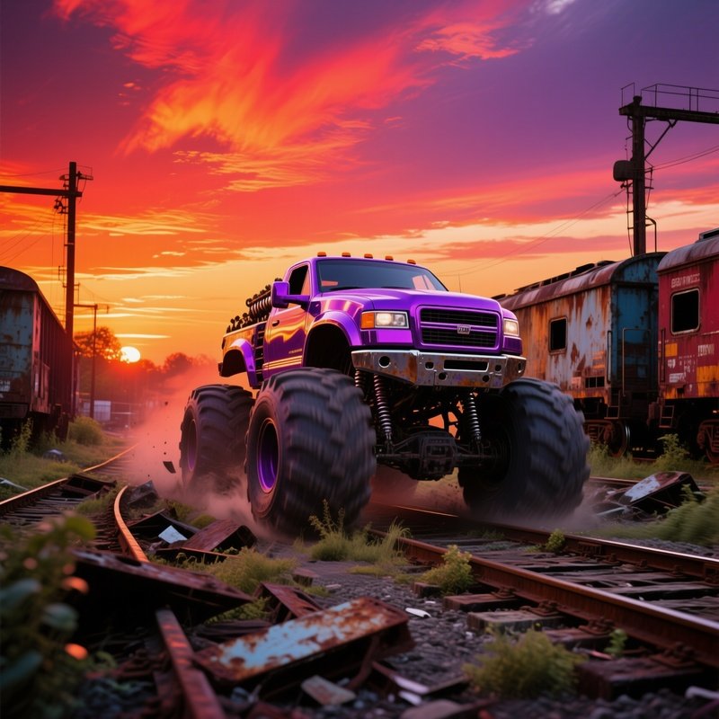 Metallic Purple Monster Truck Barrels Through Abandoned Railway Yard