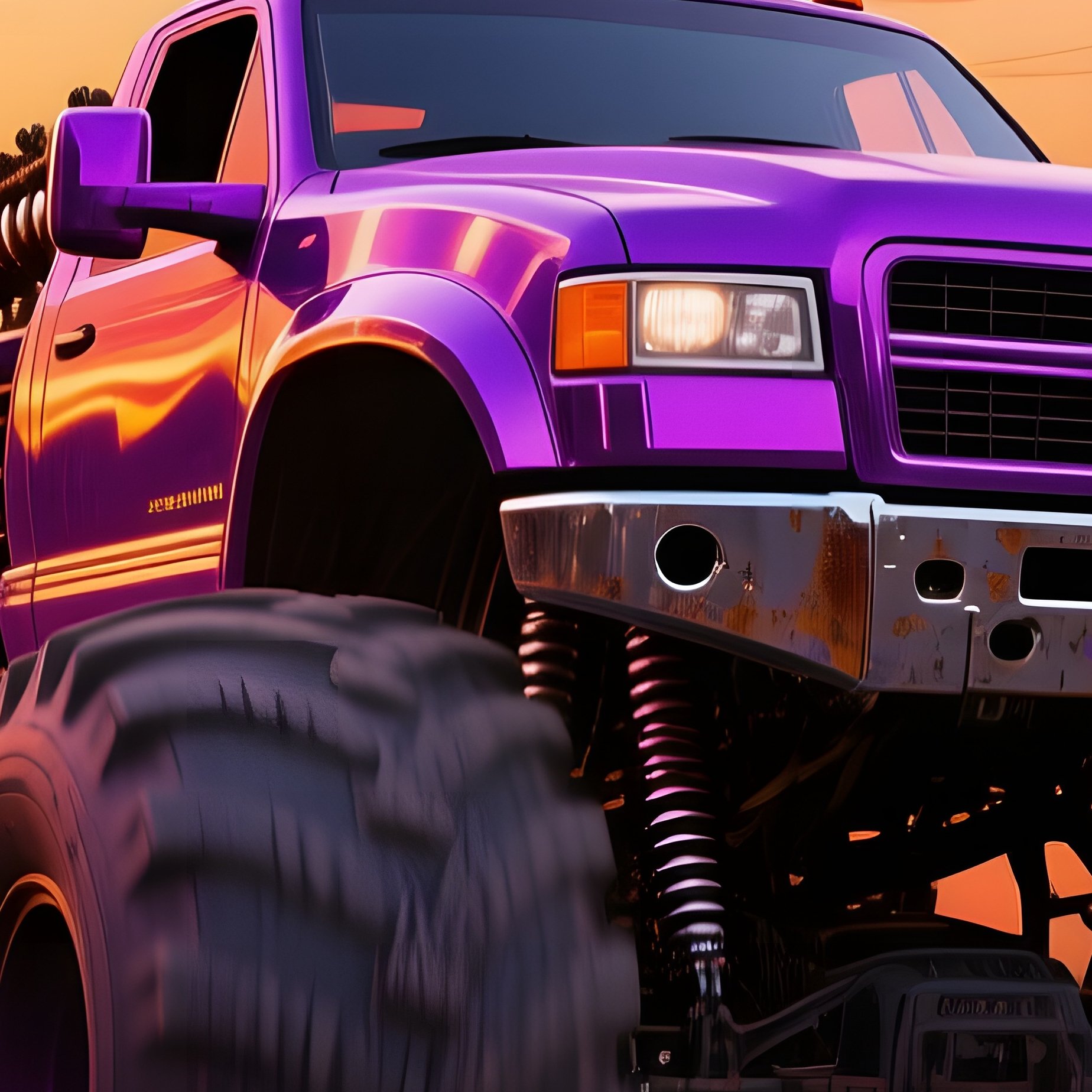 Metallic Purple Monster Truck Barrels Through Abandoned Railway Yard - Full Resolution Quality Preview