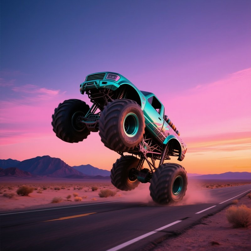 Metallic Teal Monster Truck Wheelie Desert Highway Twilight