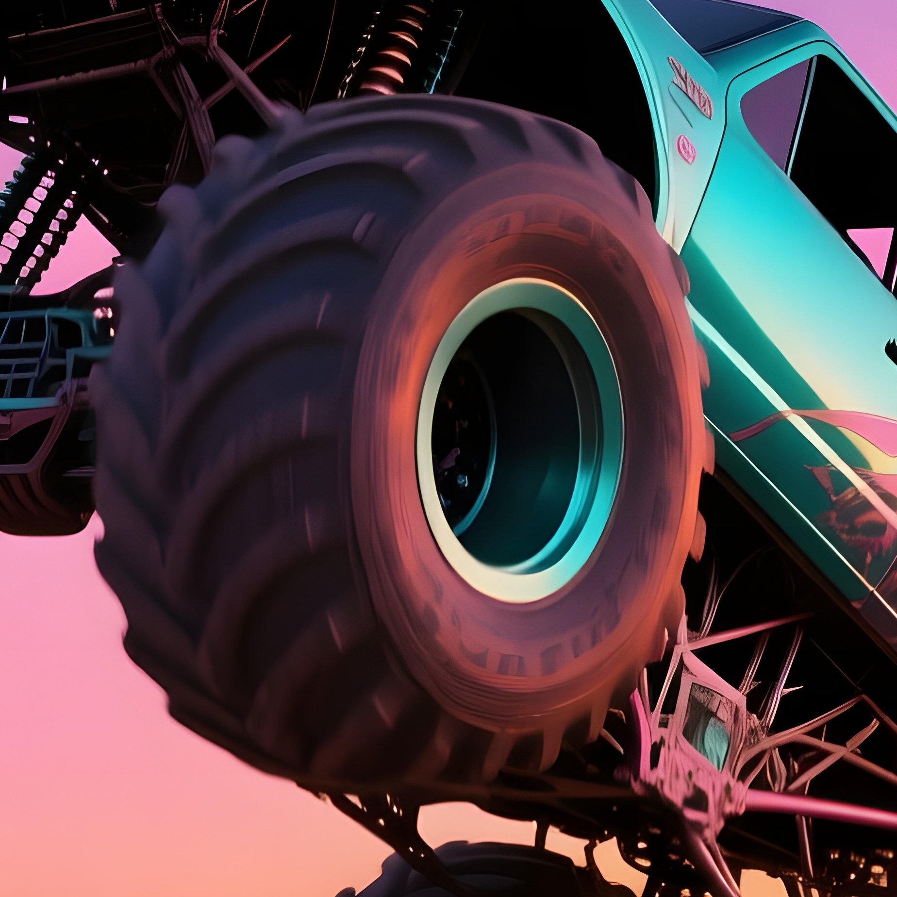 Metallic Teal Monster Truck Wheelie Desert Highway Twilight - Full Resolution Quality Preview