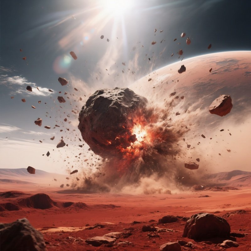 Meteor Striking Mars Surface At Exact Impact