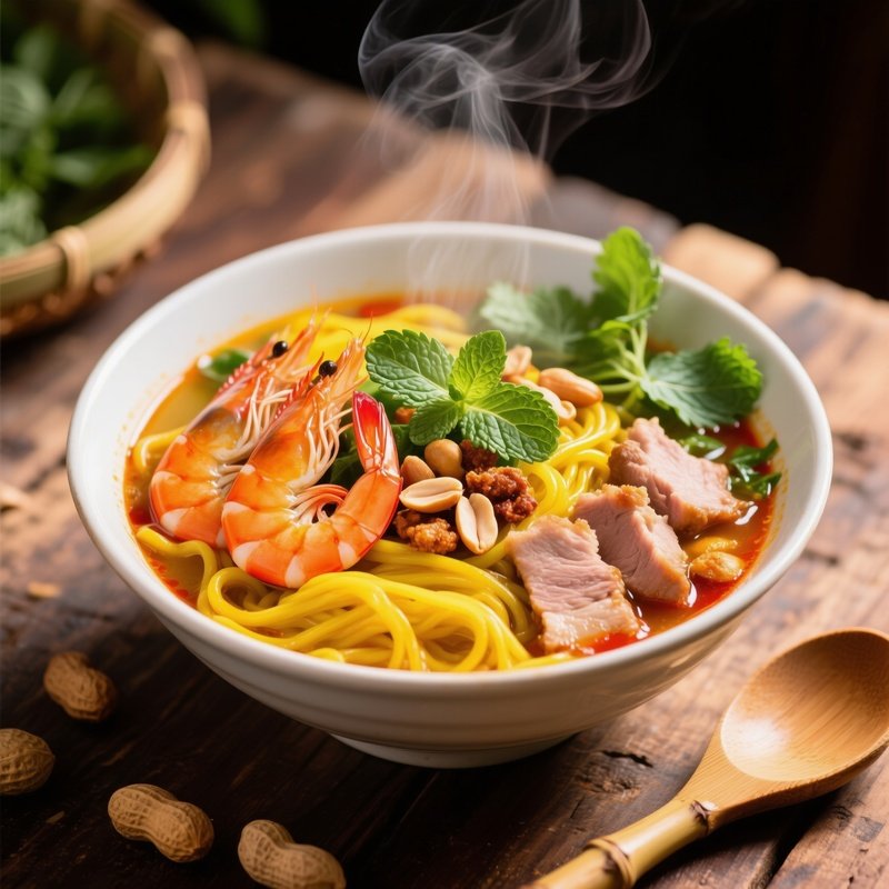 Mi Quang Turmeric Noodles With Shrimp Pork Peanuts Herbs Broth