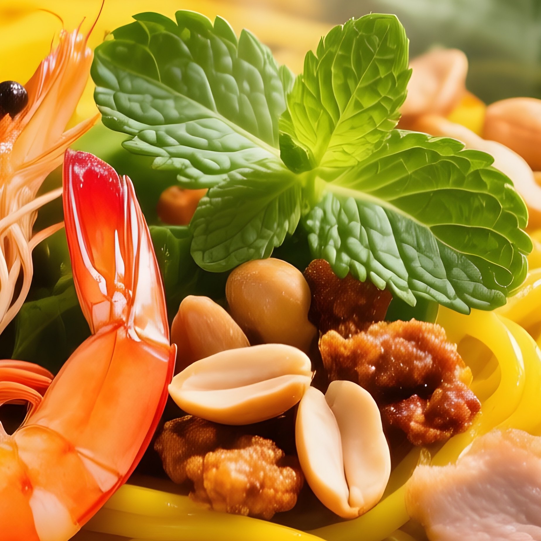 Mi Quang Turmeric Noodles With Shrimp Pork Peanuts Herbs Broth - Full Resolution Quality Preview