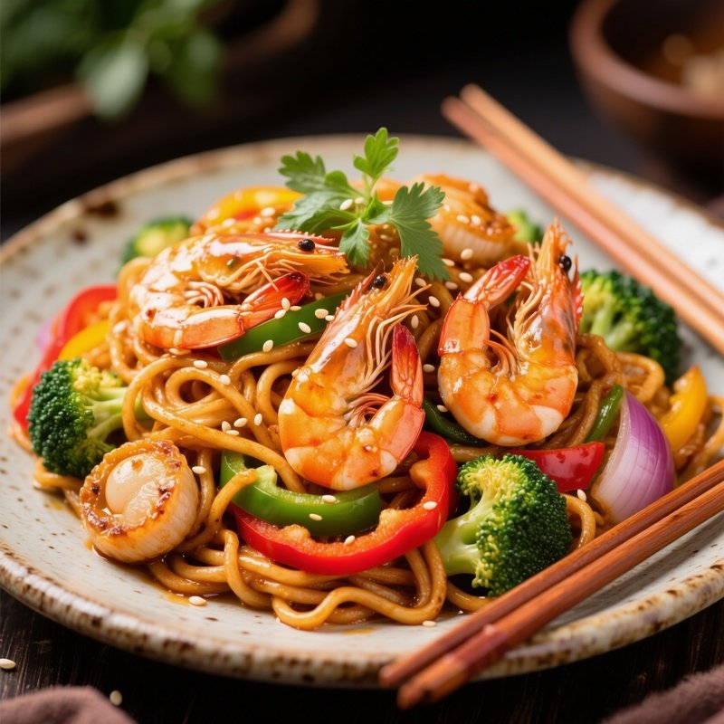 Mi Xao Gion Crispy Fried Noodles Topped With Stir Fried Seafood And Vegetables