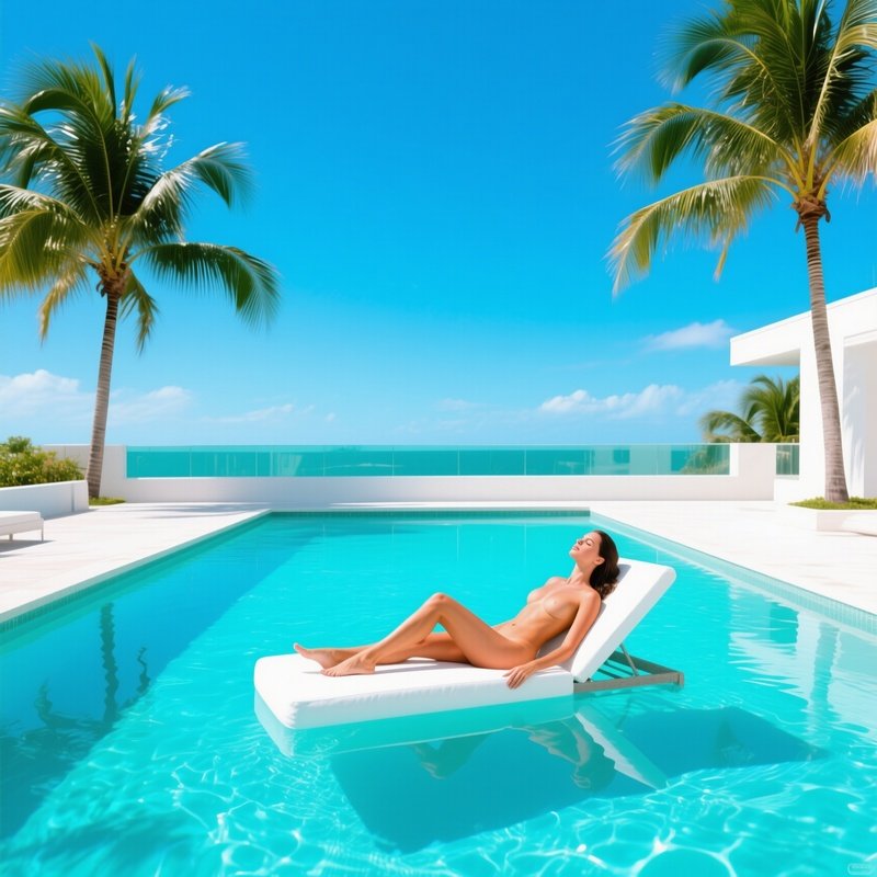 Miami Rooftop Pool Naked Woman Floating Chaise