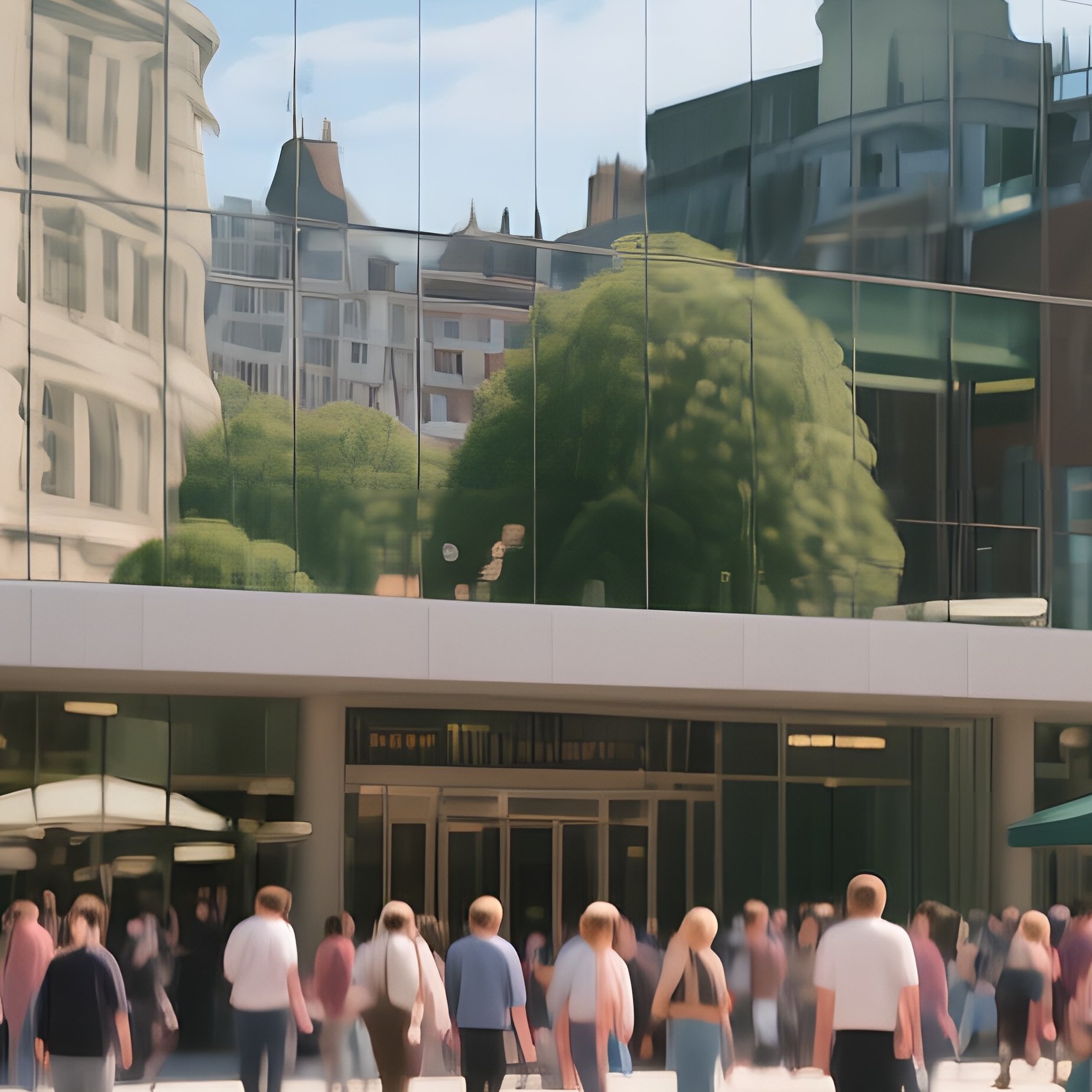 Midday Glare Off The Glass Façade Of The Ministry Of Health, Reflecting A Bustling Market Square - Full Resolution Quality Preview