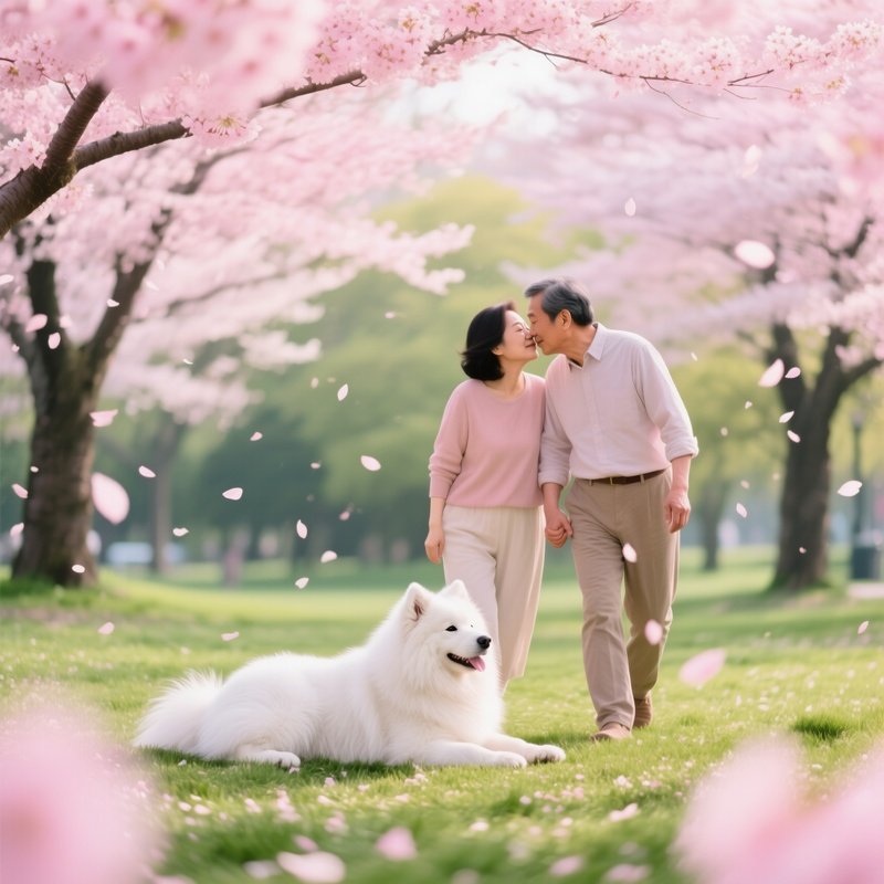 Middle Aged Asian Couple Kissing Samoyed Cherry Blossom Park